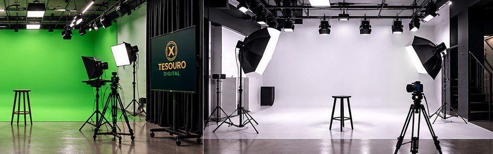 Estúdio fotográfico com fundo branco infinito e iluminação