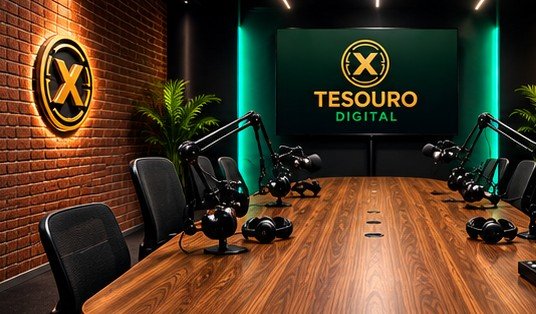 Estúdio de podcast com tratamento acústico, microfones e mesa de madeira