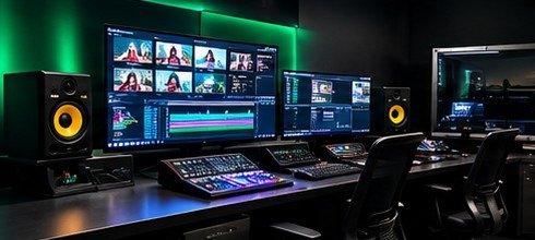 Sala de controle com mesa de mixagem