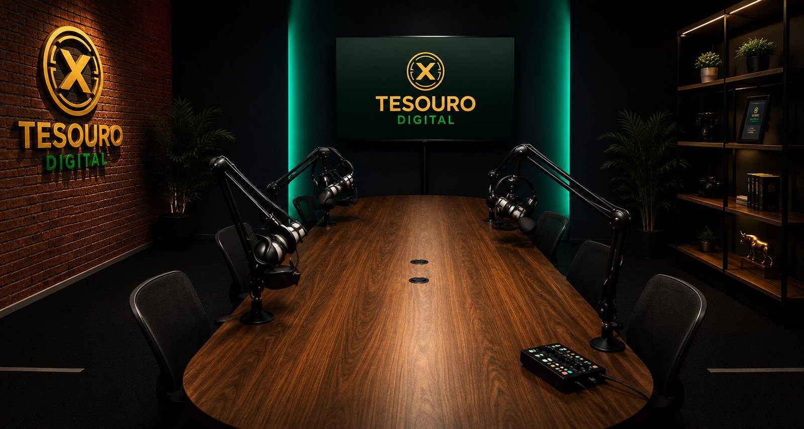Estúdio de podcast Tesouro Digital com mesa de madeira, microfones profissionais e iluminação cinematográfica na Barra da Tijuca